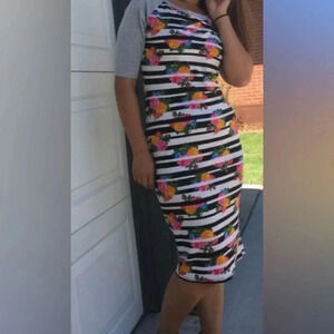 LuLaRoe Julia Fitted Bodycon Sheath Midi Dress Floral Stripes Size XS